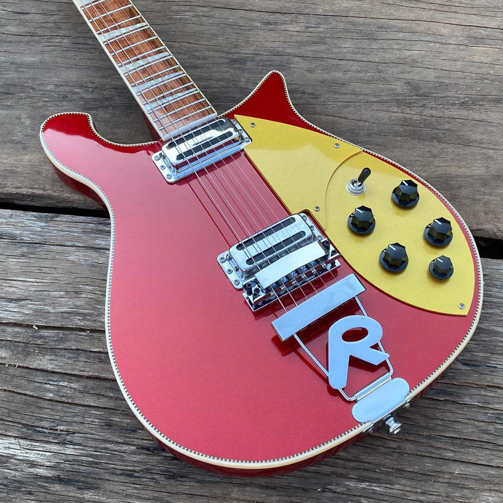 

660 Electric Guitar Metallic Red 6 String Guitarra Gold Pickguard, R Shaped Tailpiece, Checkerboard Binding