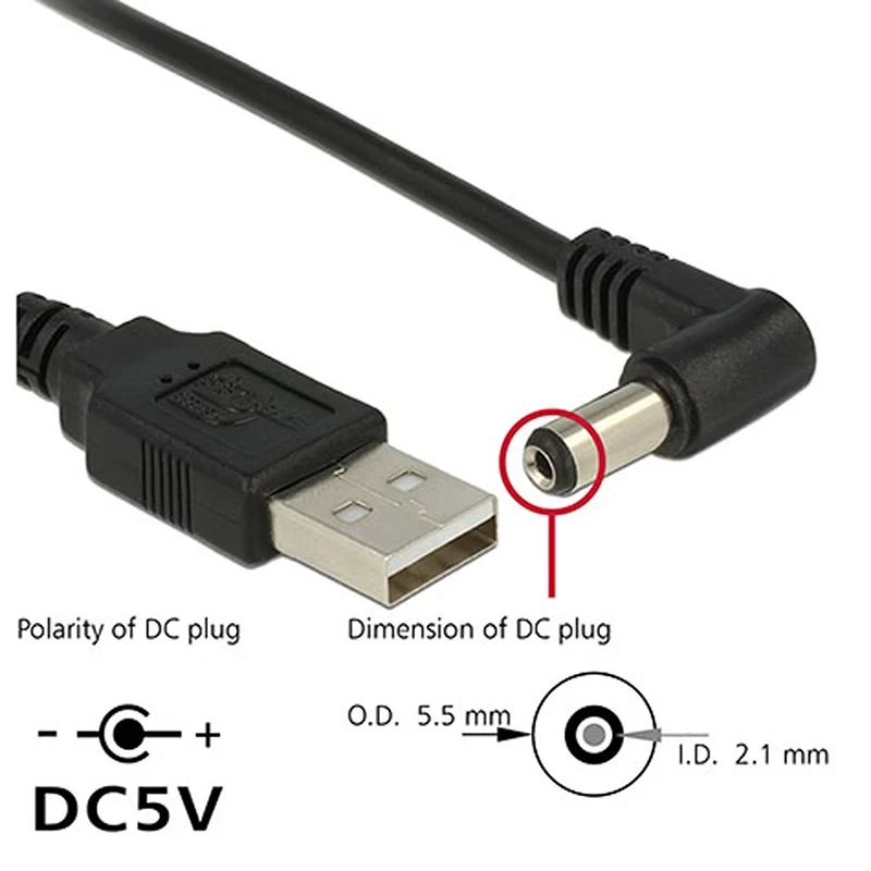 Black Elbow 90 USB Male to Male DC Power Cable DC 5.5*2.5mm 3.5*1.35mm Charging Cable Line 5.5*2.1mm USB Extension Cable 0.8M