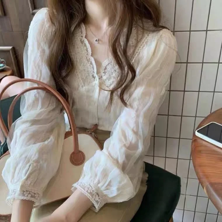 Korean Dongdaemun V-Neck Lace Chiffon Shirt Women's Top 2024 Spring/Autumn New Design Sensibility French Style Shirt With Button