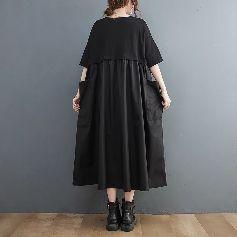 Été ample rond Ne T-shirt Patchwork Dstring grand ket Midi Dr grande taille à la mode femmes vêtements a-ligne jupe