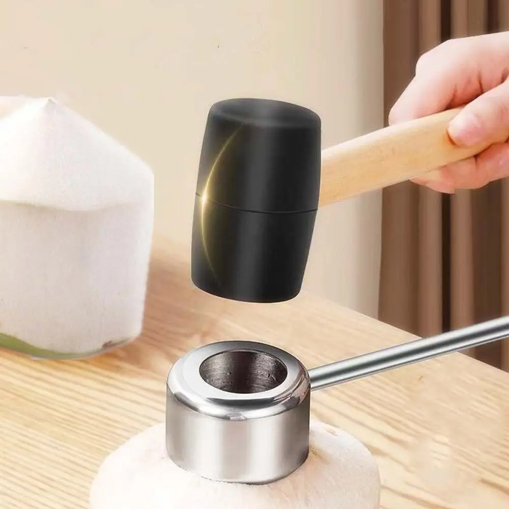 Stainless Steel Coconut Opener Tools Wooden Handle Multi-functional Coconut Puncher Rubber Hammer Heavy Duty