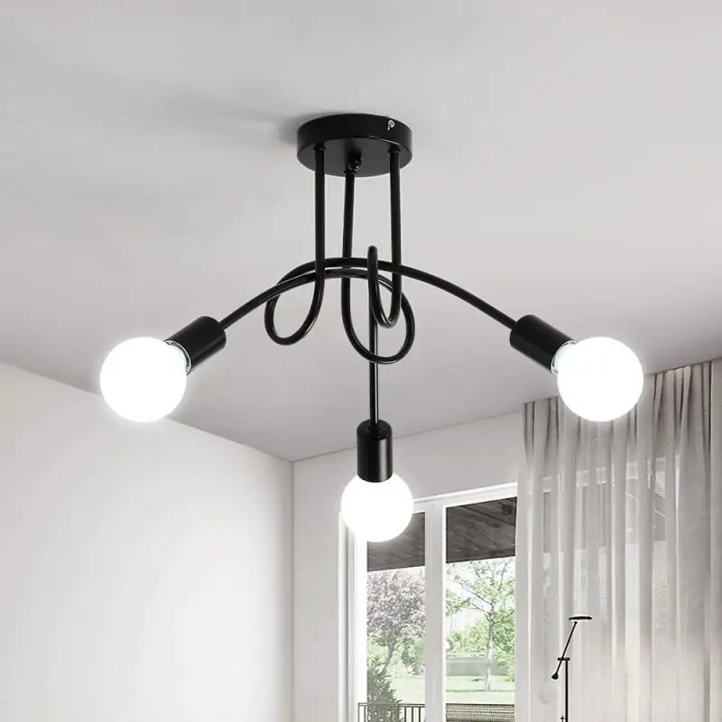 Black Industrial Ceiling Light Black Metal Chandelier 3-Light E27 Retrolustres Ceiling Lamp for Living Room Bedroom /3000K/6000K