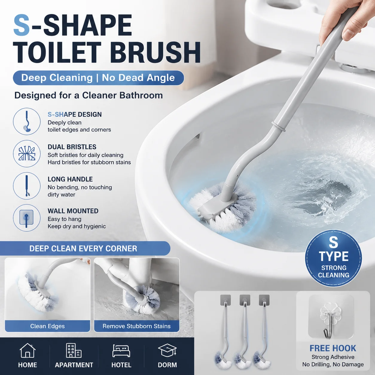 Toilet Bowl Brush S Type Long Handle Deep Cleaning Brush Bathroom Cleaner Wall Mounted Rim Cleaning Tool for Home Hotel Dorm