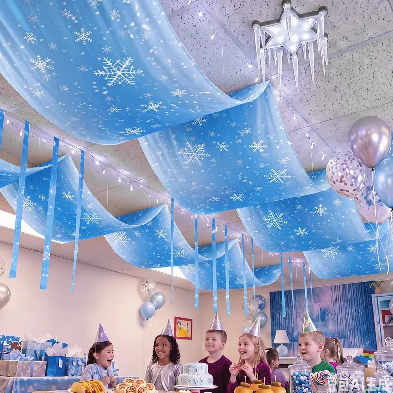 VIKAMA Winter Snowflake Ceiling Hanging Curtain, Blue Snow Birthday Party Decoration Strip for Frozen Theme Kids Room Decor