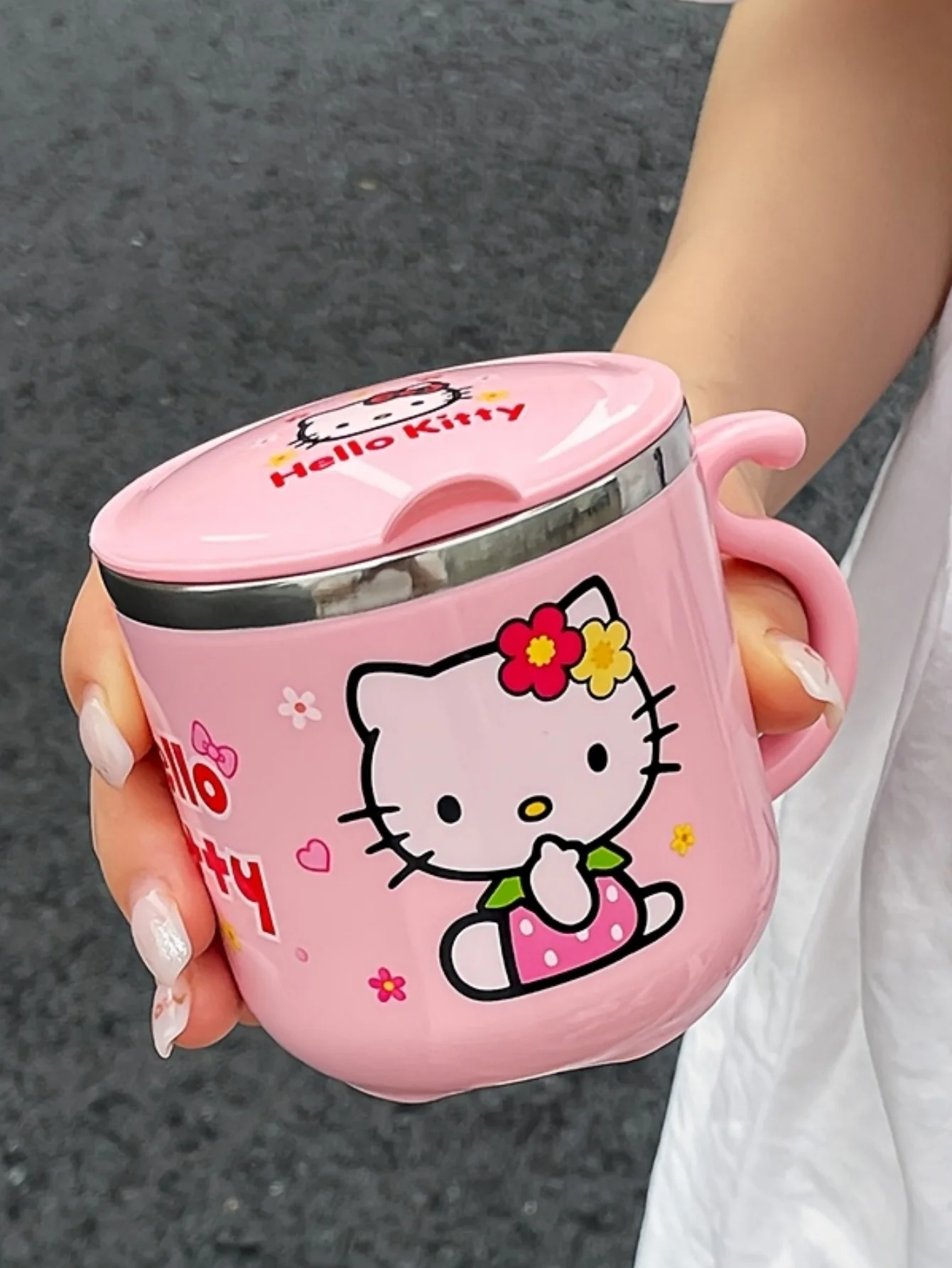 1 قطعة كوب قهوة من الفولاذ المقاوم للصدأ معزول بسعة 9.47 أونصة من HelloKittys مع مقبض وغطاء - كوب ماء لطيف ومتين #4