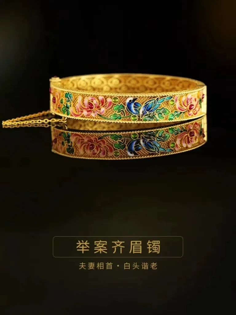 9999 real gold 24K yellow gold Enamel Case Qi Mei Bracelet Women\'s Vintage Bracelet