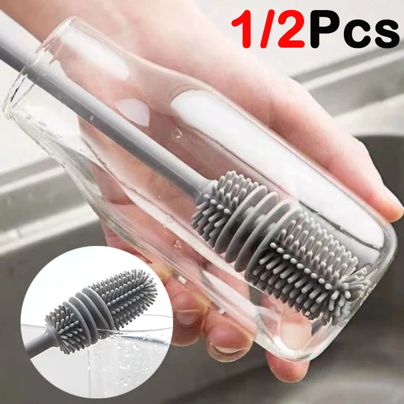 Cepillo de limpieza de botellas de silicona de mango largo, limpiador de vasos de vidrio, depurador de tazas duradero, Herramientas de limpieza de cocina, 1/2 piezas, 32cm