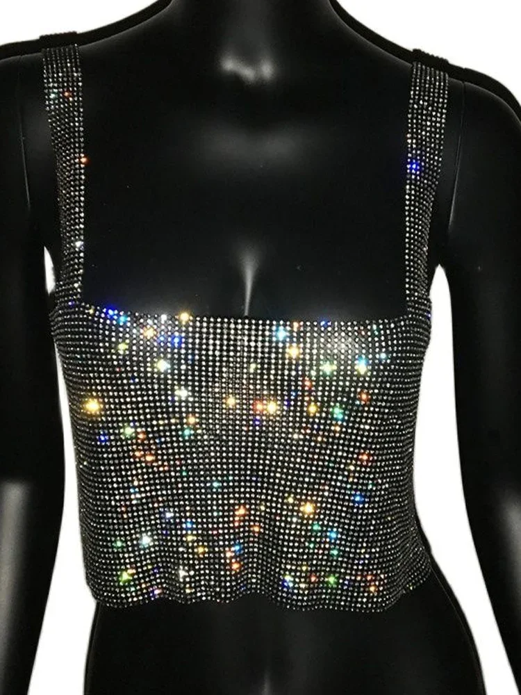 

2023 Glitter Nightclub Backless Rhinestone Tank Top Women Sexy Metal Crystal Diamonds Sequined Night Club Party Wear Crop Top