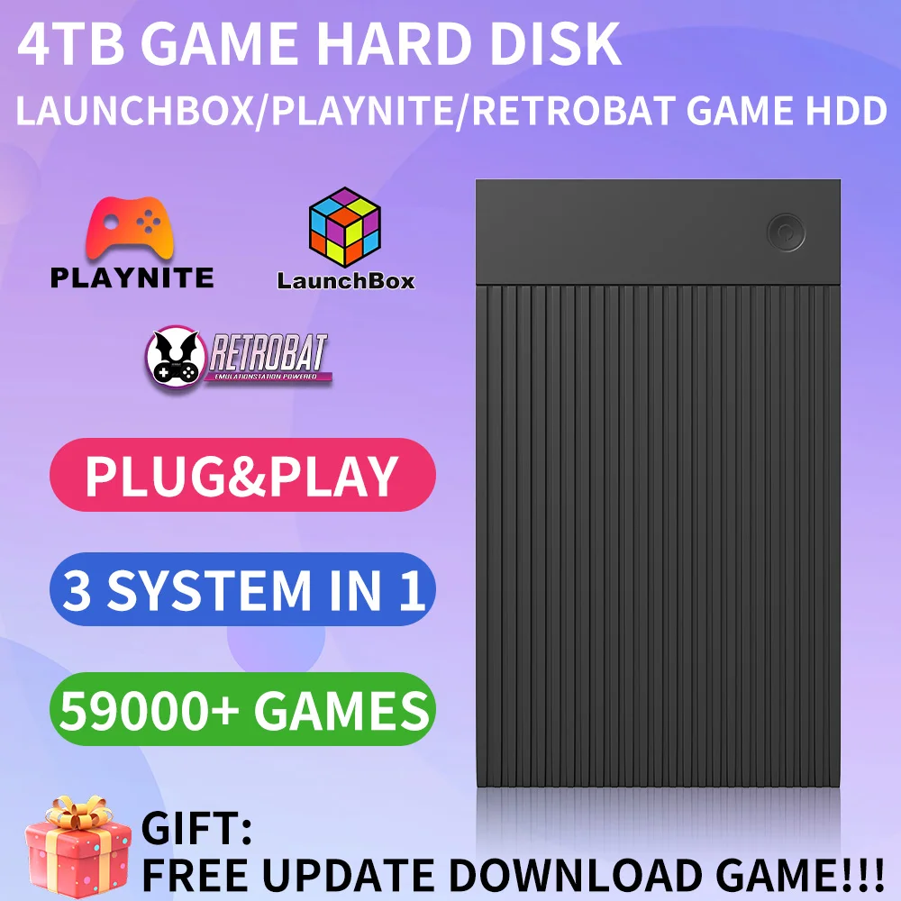 Disco rígido de 4TB para jogos retrô para Windows Launchbox + Retrobat + Playnite com 50.000 jogos para PS4/PS3/Switch/WII/PS1/PS2/N64