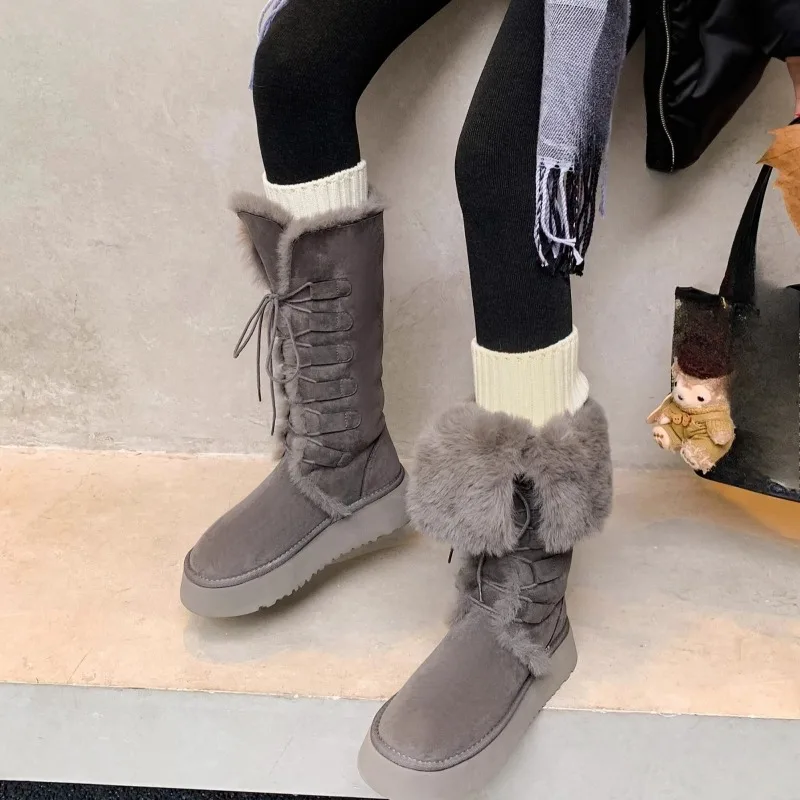 أحذية قطنية طويلة خالية من الركبة شتاء موضة جديدة جولة تو الدانتيل متابعة منصة دافئة المضادة للانزلاق أحذية الثلوج #2