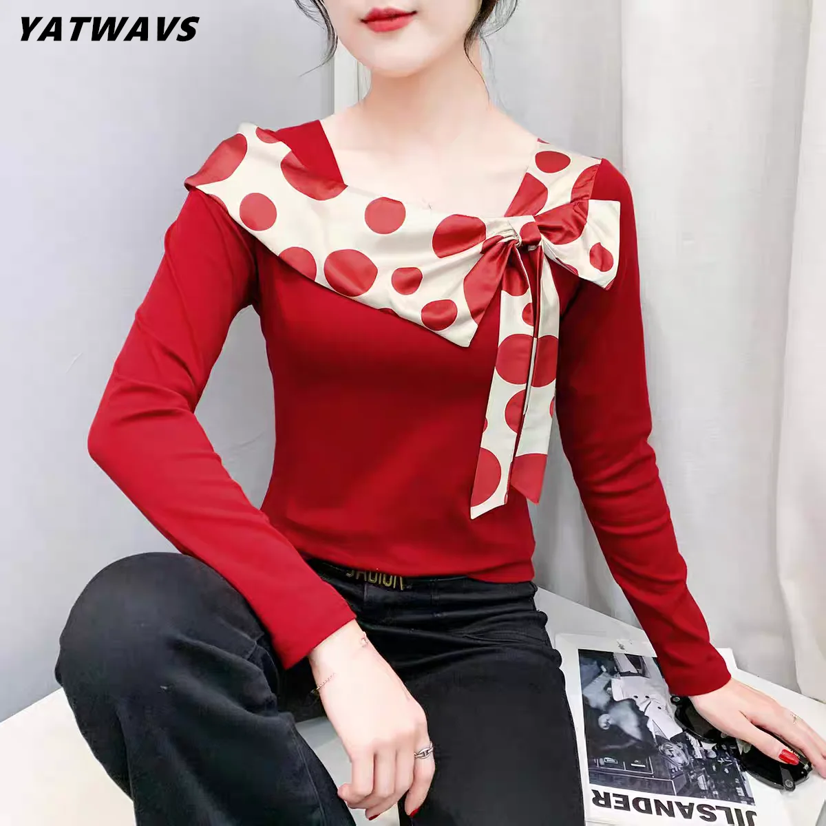 

New Arrivals Autumn Korean Clothes Women's T-shirt chic Bow Design Long Sleeve Tops Streetwear Girl Classic Cotton Tees Shirts