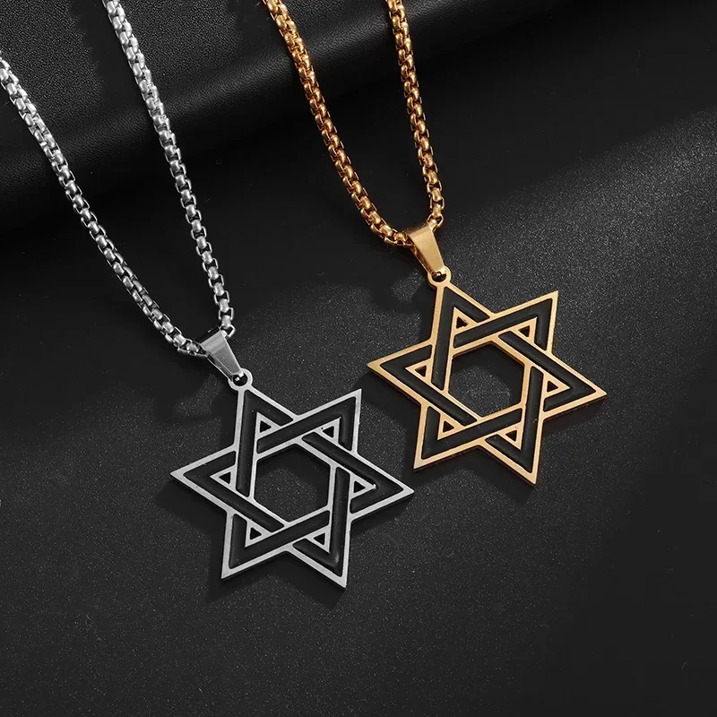 Retro Punk Solomon Seal Hexagonal Stainless Steel Pendant Jewish Star of David Necklace for Men Women Fashion Simple Jewelry