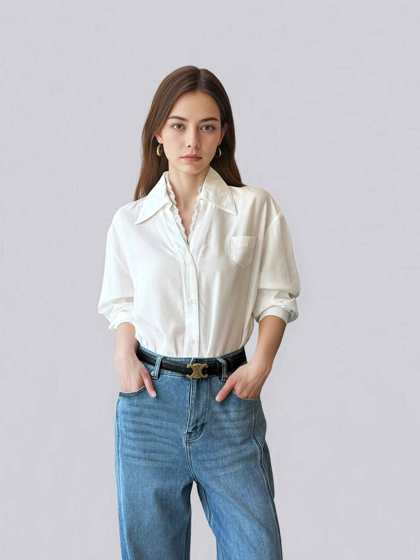 

ANGJIA Collar Lace Splice Women's irt Spring Versatile High-End Feeling Elegance Top French Sle Loose Fit Long Sve