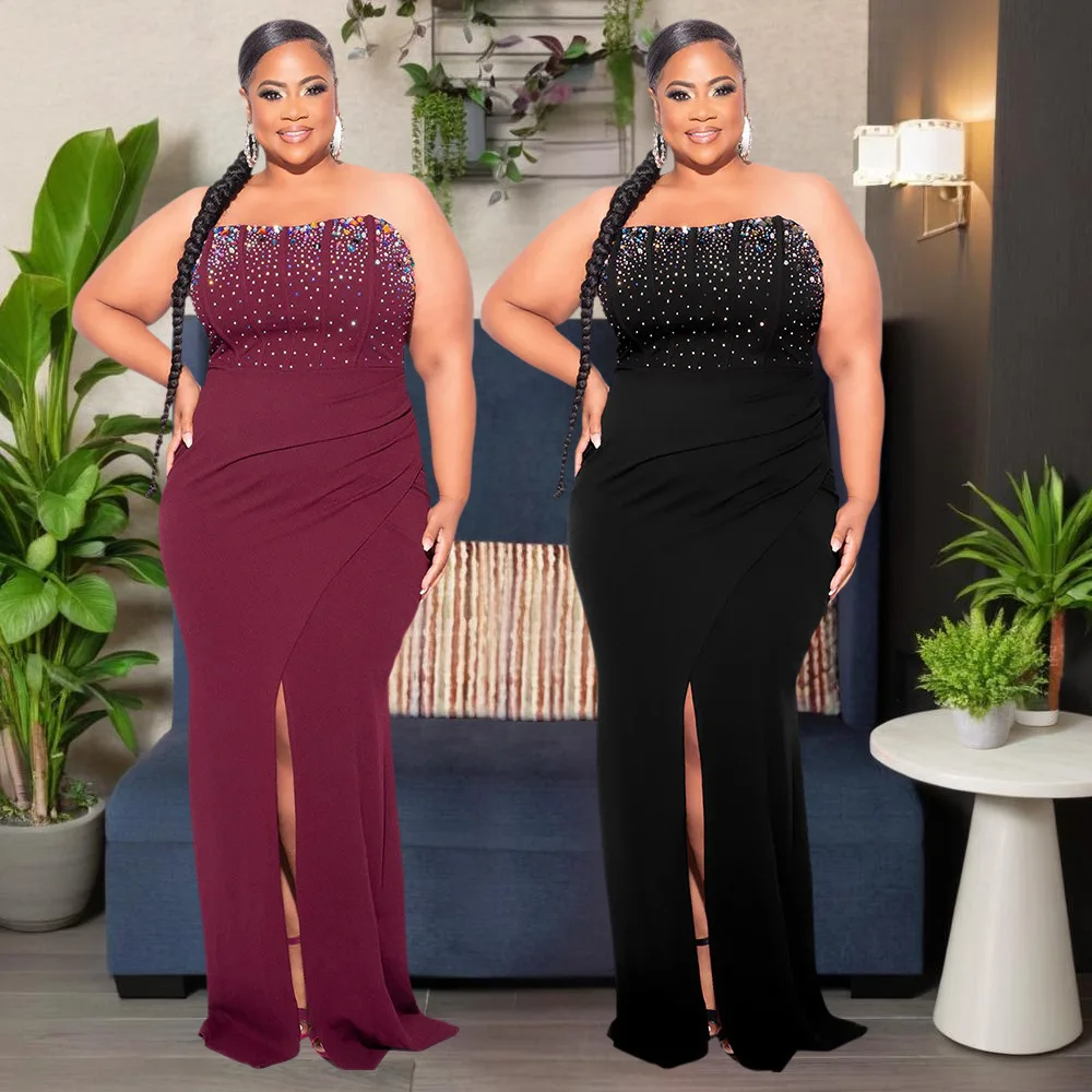 CY 901618   ใหม่แฟชั่นหนึ่งไหล่สูงSlit SLIM FITเพชรชุดปั๊มร้อนสําหรับผู้หญิง