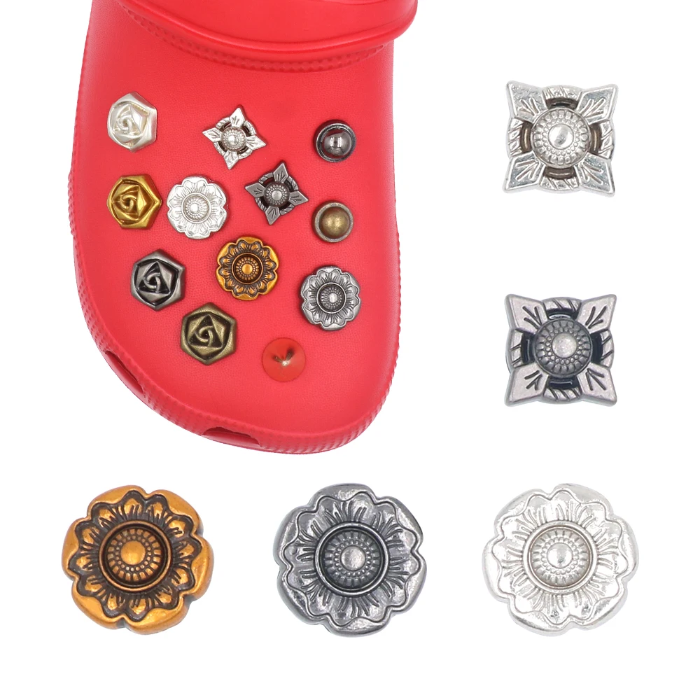 14 Pcs 1 Set Shoe クロックス  Accessories Charm Golden Silvery Gun Black Flowers Punk Style 지비츠 Detachable Hole Sandals Decorations