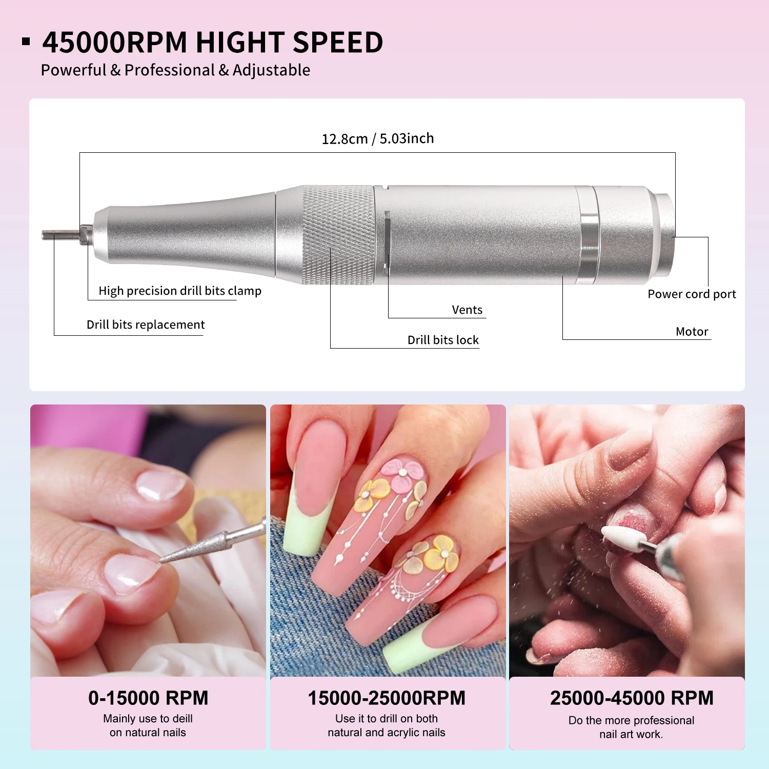 45000 RPM Electric Nail Drill Machine for Nails Electric File HD Display Metal Manicure Pen Professional nail lathe Sander