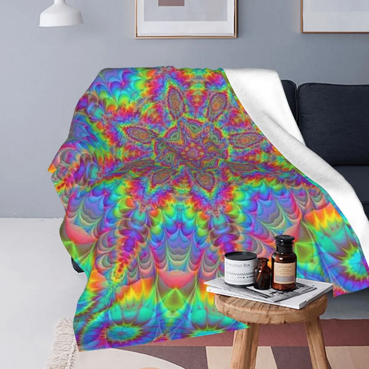 Retro Psychedelic Black With Vibrant Magic Pattern Blanket Soft Warm Flannel Throw Blanket Bedspread for Bed Travel Home Couch