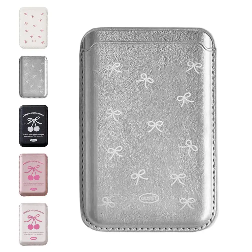 Korean Cute Bow MagSafe Wallet Magnetic Card Holder for iPhone 17 16 15 14 Pro Max PU Leather Pocket Phone Bag Accessory INS
