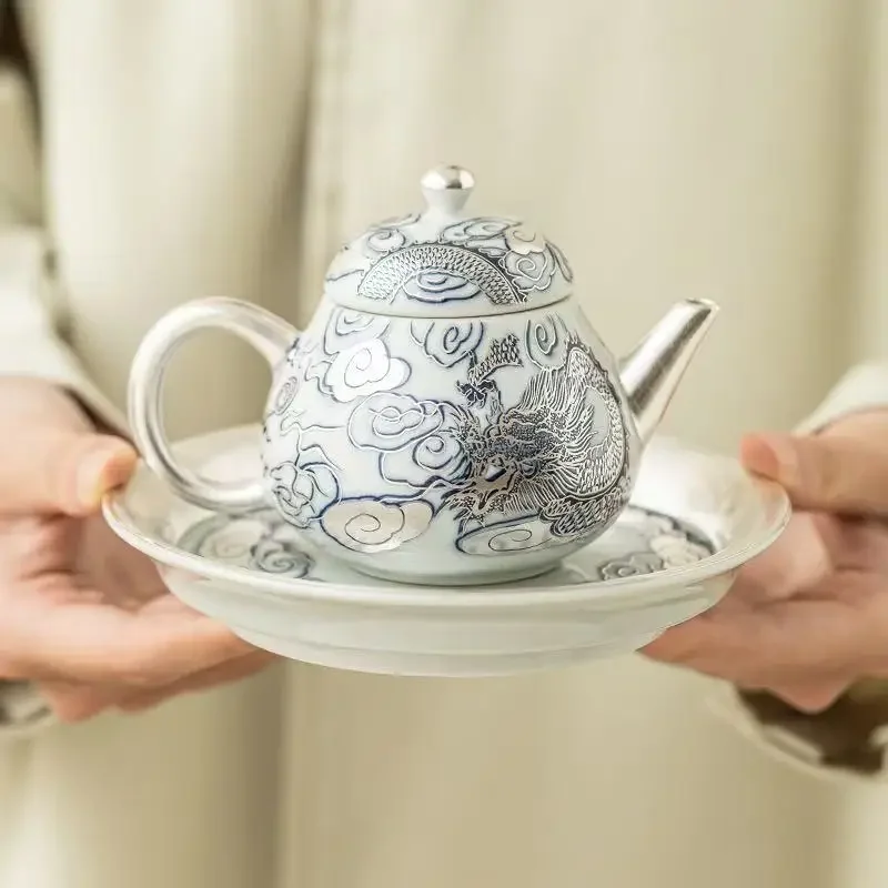 160ML Longteng Four Seas Beauty Point Teapot Hand-painted 999 Silver Light Luxury Brewing Teapot High-end Tea Set Kung Fu TeaPot