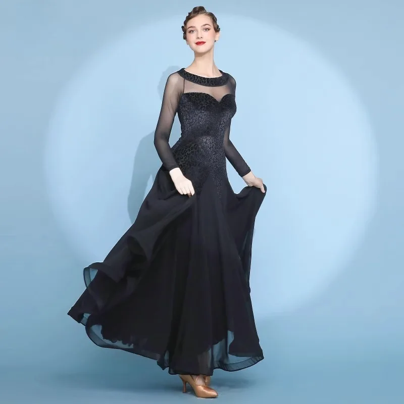 Customized Tango Velvet Ballroom Dance Costume Modern Dance Dress Waltz Big Swing Skirt