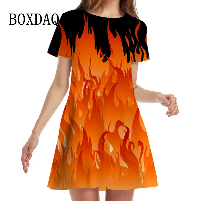 Orange Flame Print Dress Short Sleeve O-Neck Bohemian A-Line Dress Women Fashion Casual Party Mini Dress Summer Sundress Elegant