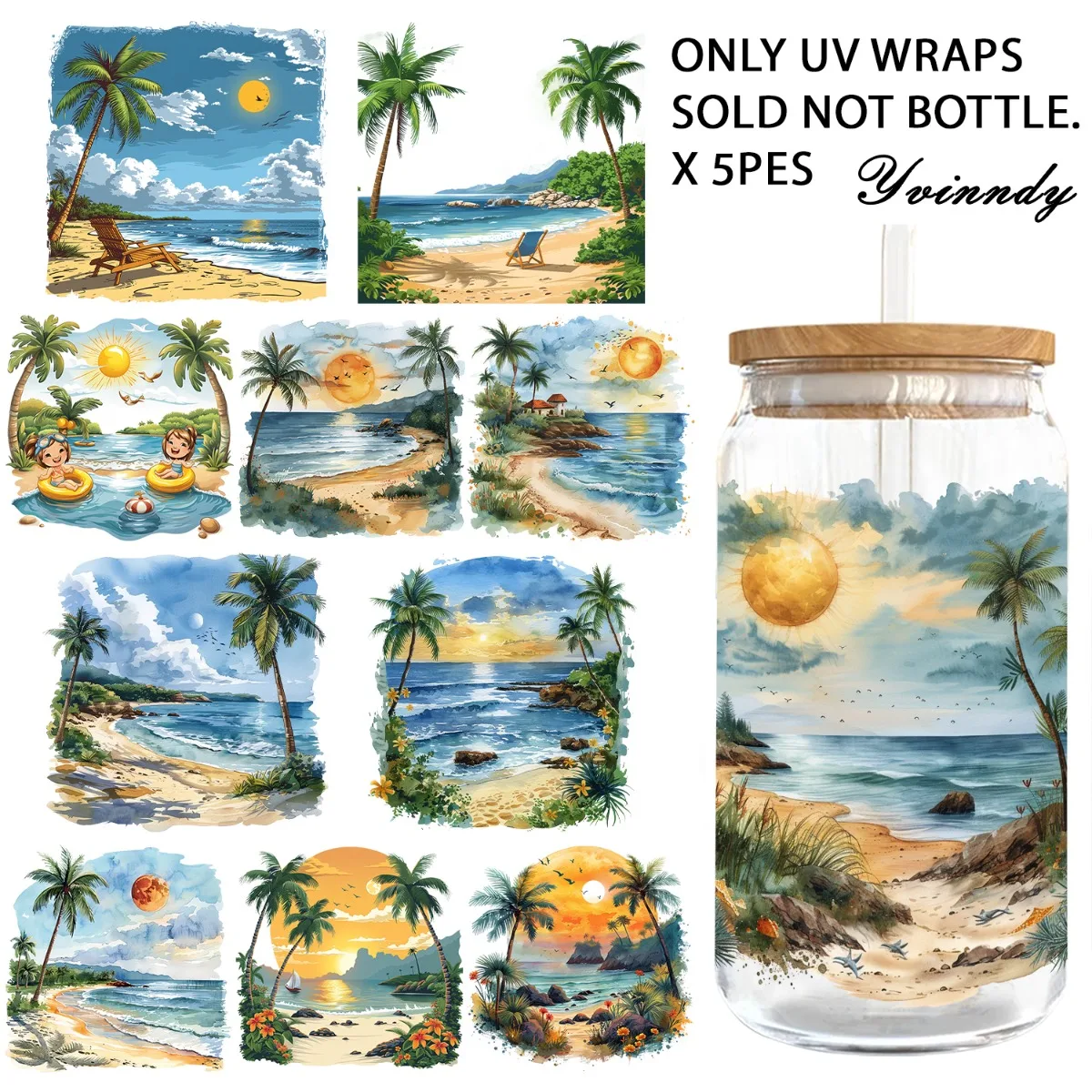 5 Stück/Set 16OZ UV DTF DIY Transferpapier – Sommer-Strand-UV-DTF-wasserfester Film, für DIY-Enthusiasten (ohne Wasserbecher)