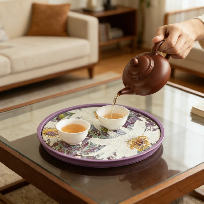 Retro Embossed Gold Snow Lotus Tea Tray Water Absorbing Dry Brew Tray Heat Insulation Anti Scald Quick Drying Tea Pot Holder Mat