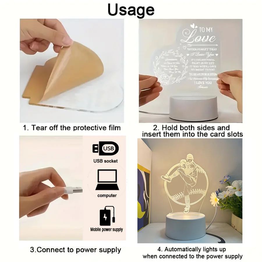 เครื่องเล่นเบสบอล 3D ที่ขับเคลื่อนด้วย USB 1 ชิ้นไฟกลางคืนสร้างสรรค์ บ้าน โต๊ะ ตกแต่งห้องนั่งเล่น ไฟกลางคืนของขวัญวันเกิด