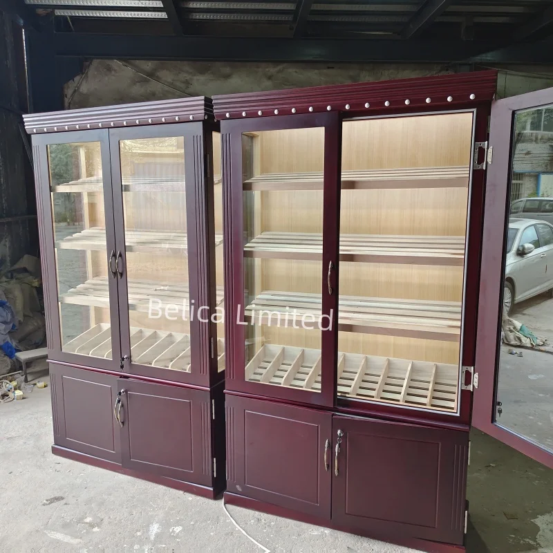 （customized）Good Quality Swing Door Cigar Cabinet Cigar Display MDF Smoke Store Fixture Humidors with Humidifier