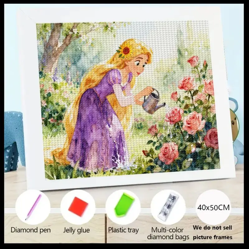

1 шт., 5D полная дрель, набор для алмазной живописи «сделай сам», очаровательная принцесса Диснея Рапунцель, полив розовых роз, садовая сцена, длинная блондинка ха