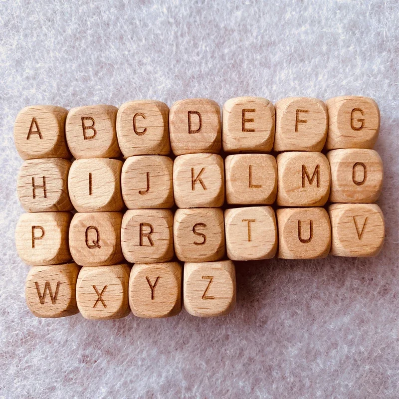 26PCS 12MM Letter Beads Engrave Wood Teether Bead Alphabet Bead Bijtring Teething Toy Chewable Baby Product DIY Baby Accessories