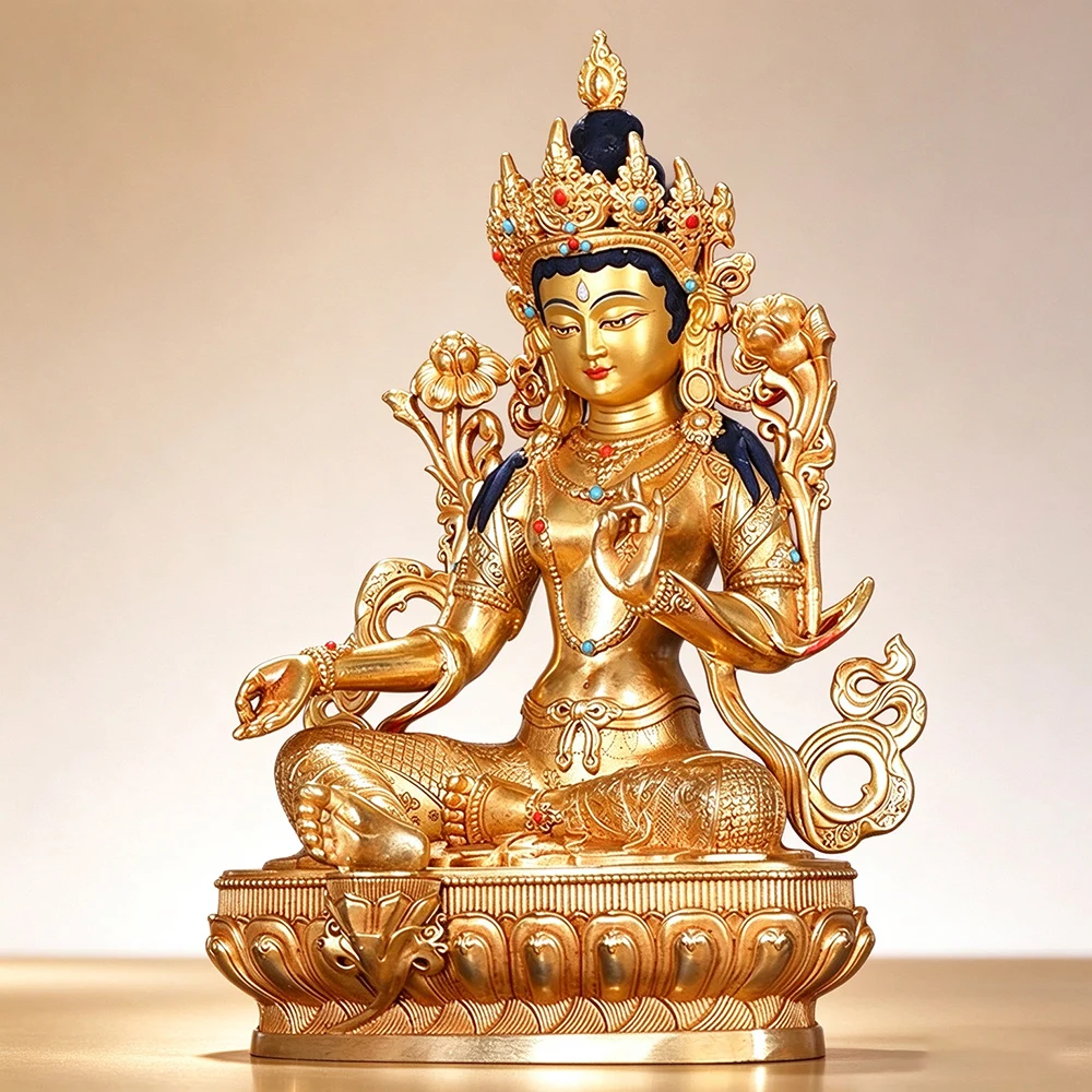 Solid Copper Gilt Green Tara Statue, Tibetan Buddhism Dolma Buddha Figurine, Home Worship Buddhist Statue Ornament, 17cm/22cm