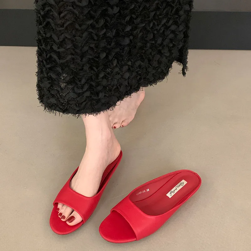 BOMENDUI 2026 Red Summer New Women Slipper Open Toe Outdoor Dress Sandal Shoes Fashion Low Wedge Heel Ladies Elegant Slides view 4