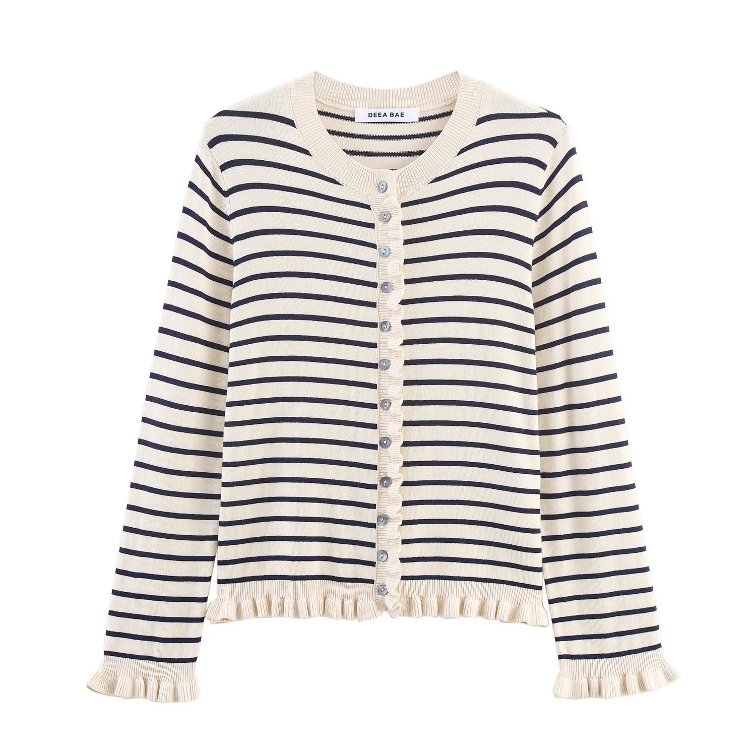 Nowość Jesień 2025 Damski Kardigan z Długim Rękawem w Paski, Okrągły Dekolt, Ozdobny, Wielowarstwowy, Dzianinowy Płaszcz