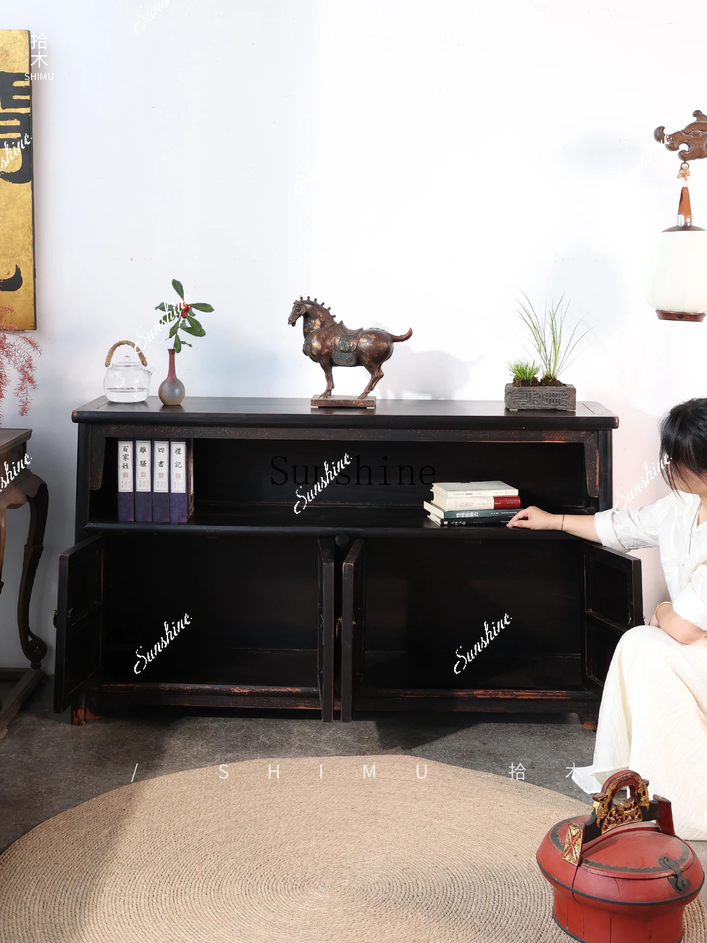 

Meal side bright grid low cabinet storage strip living room entrance solid wood Chinese classical Ming and Qing Dynasties TF