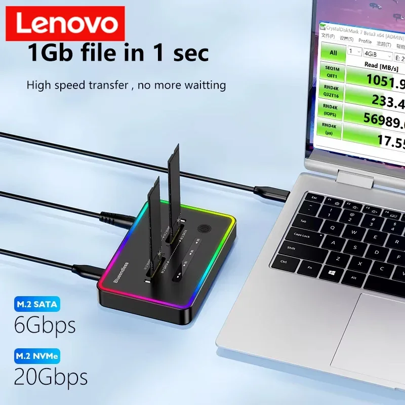 

Lenovo Offline Clone Dual Protocol M.2 Ssd Case Ssd Docking Station Type C 10Gbps for PCIe NVME or Sata 2 Bay SSD Enclosure