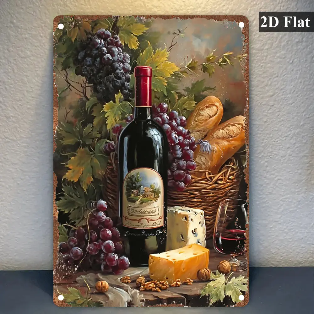 2D Flat, 1pc Vintage French Country Wine & Cheese Metal Wall Art Sign - Rustic Bordeaux Wine Bottle, Cheese & Bread - French