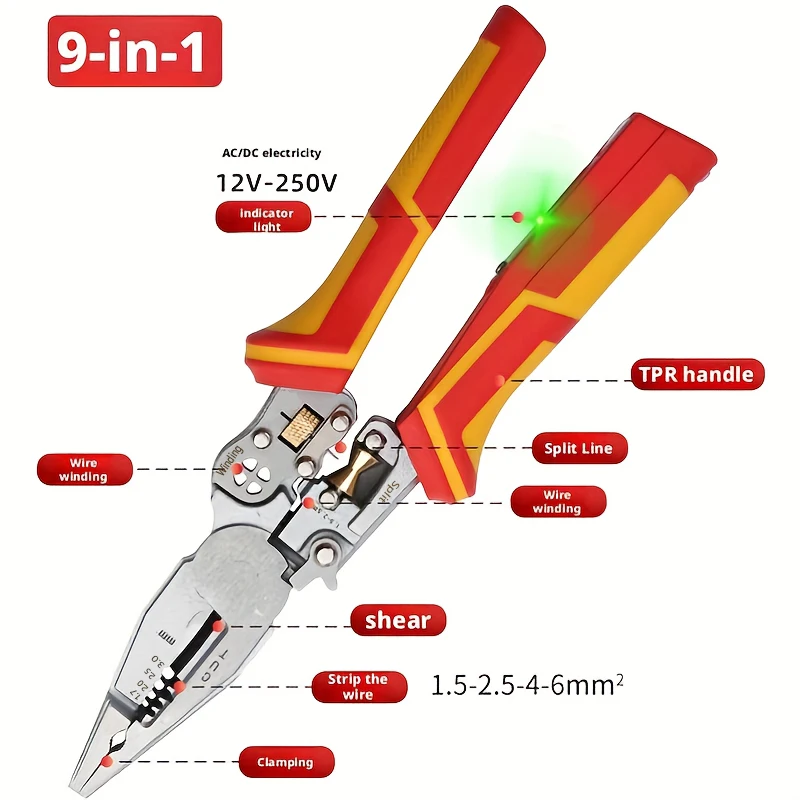 8-in-1 Stripping Pliers with Voltage Tester Versatile Wire Stripping Pliers with Electricity Measurement Cutting Crimping Pliers