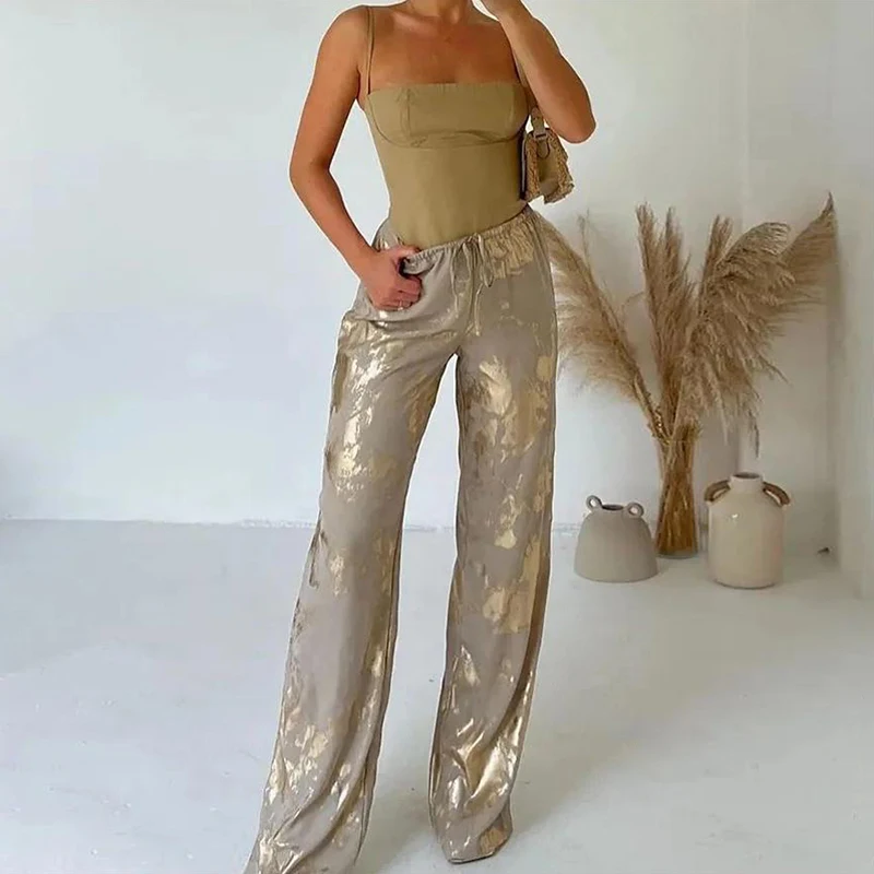 

Womens Wide Legs Pants Elastic High Waist Metal Series Print Fashion Female Trousers Casual Chic Streetwear 2024