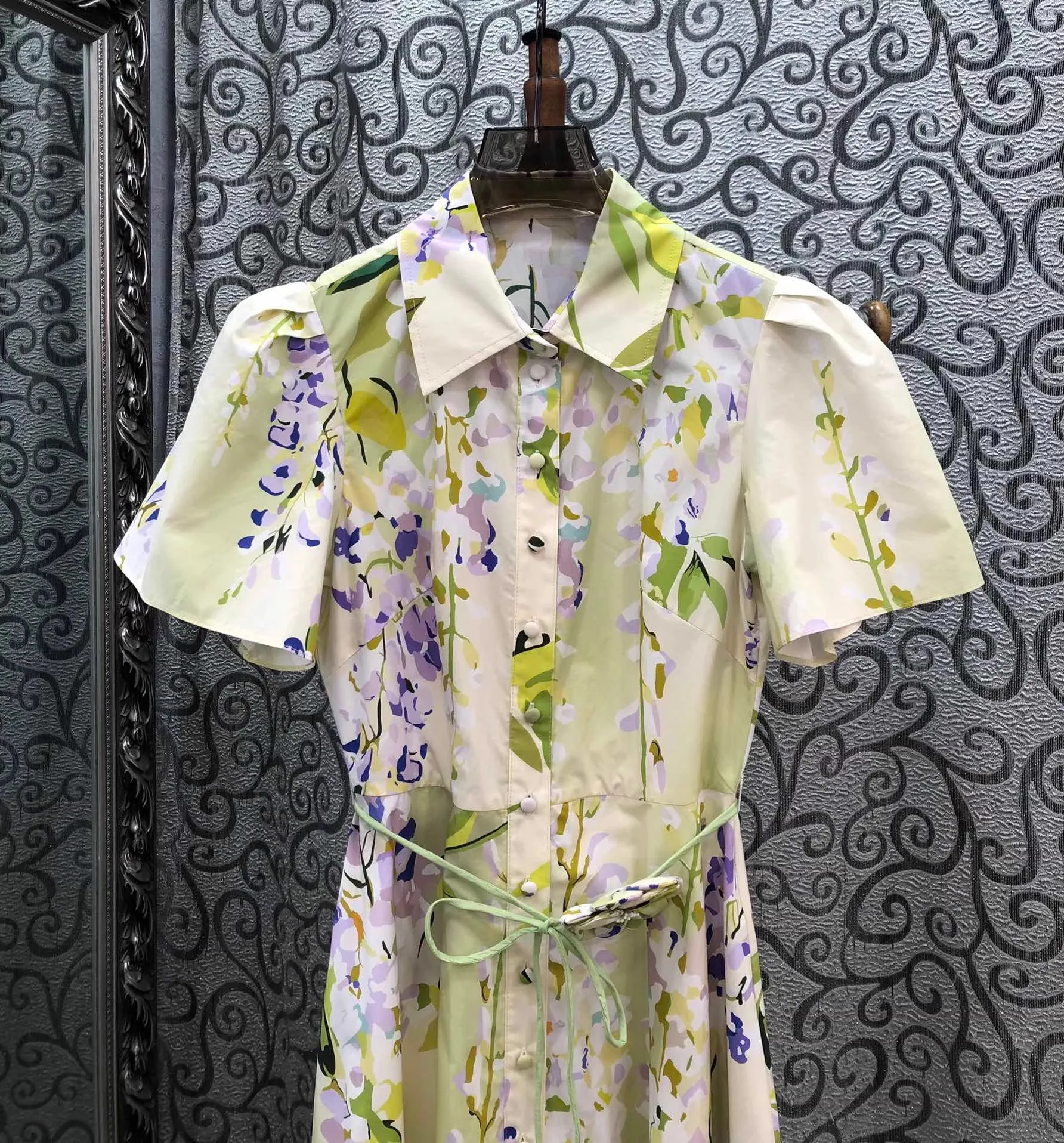 100% 면 롱 드레스 2026 봄 여름 여성용 턴다운 칼라 스위트 플로럴 프린트 벨트 장식 반팔 롱 맥시 드레스 럭셔리