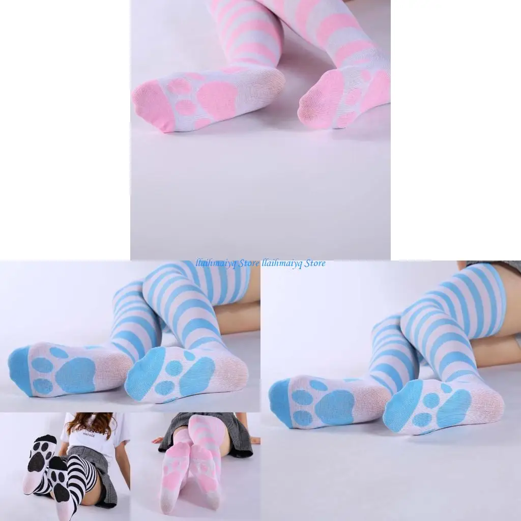 

573B Women Girls Japanese Anime Over The Knee Long Socks Cartoon for Cat Paw Striped Print Thigh High Stockings
