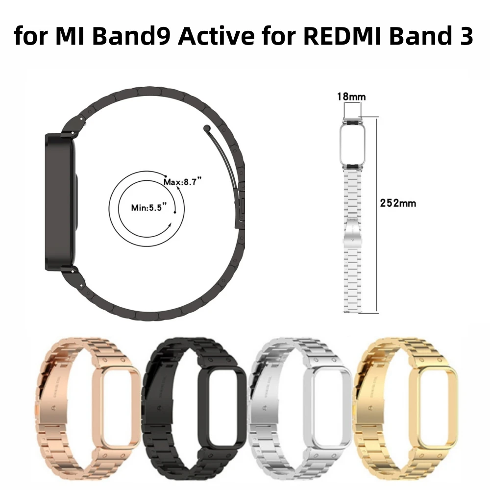 Universal Three-Bead Steel Watch Strap for MI Band9 Active for REDMI Band 3 Accessory Silver/Black/Gold/Rose Gold Watchband