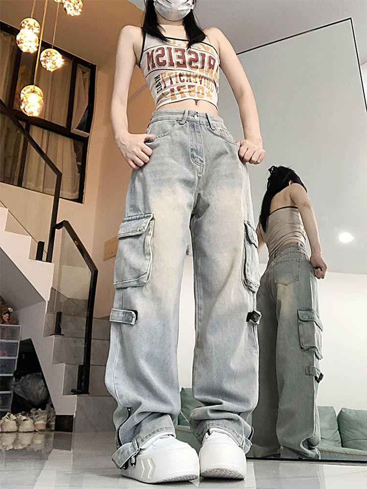 Damskie niebieskie dżinsy Cargo Harajuku 90s Streetwear Denim Trousers Y2k Jean Pants Vintage Japanese 2000s Style Trashy Clothes 2024