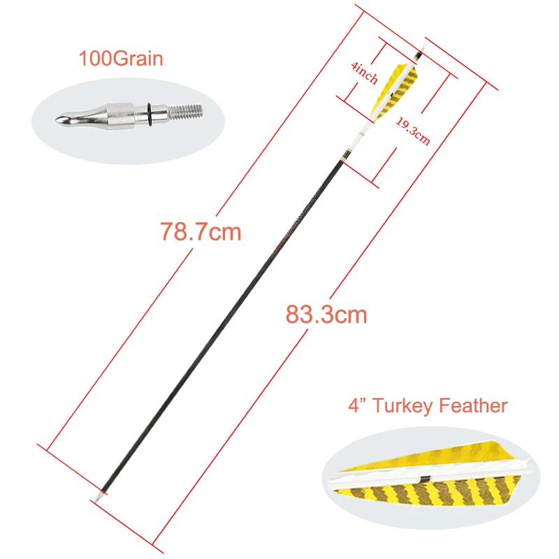 6/12pcs Archery Pure Carbon Arrow 31inch Spine 250 300 350 400 500 600 with Turkey Feather ID 6.2mm Hunting Shooting Accessories