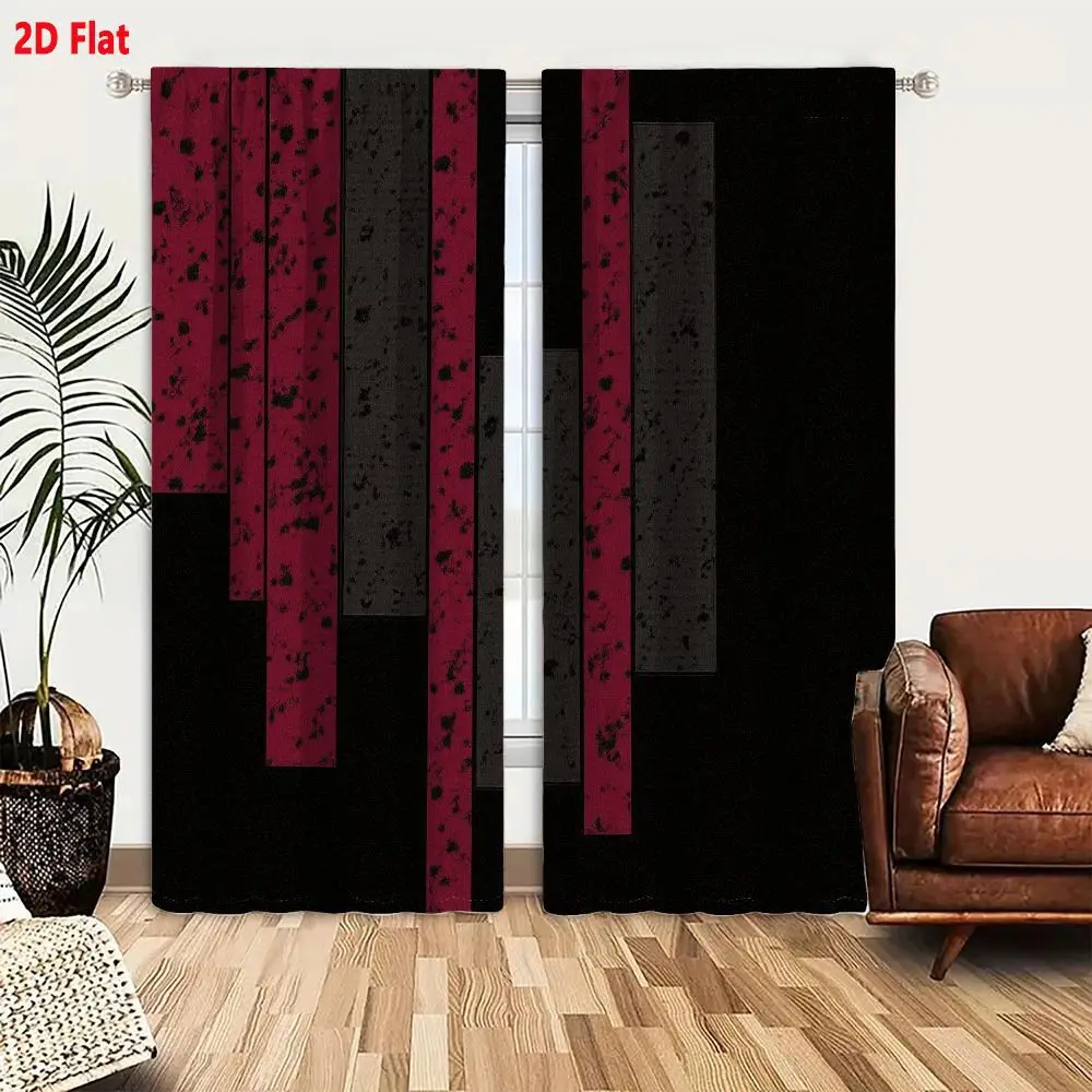 2Pcs Curtains 2D Flat Abstract Composition With Six Vertical Maroon And Charcoal Bars On Black Background Featuring Speckled Tex