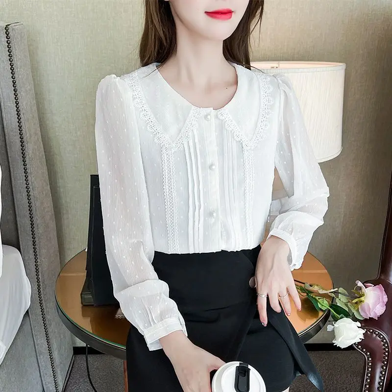 Spring and Summer New Elegant Temperament Women\'s Clothing Spliced Button Ruffle Edge Doll Neck Long Sleeve Solid Color Shirt