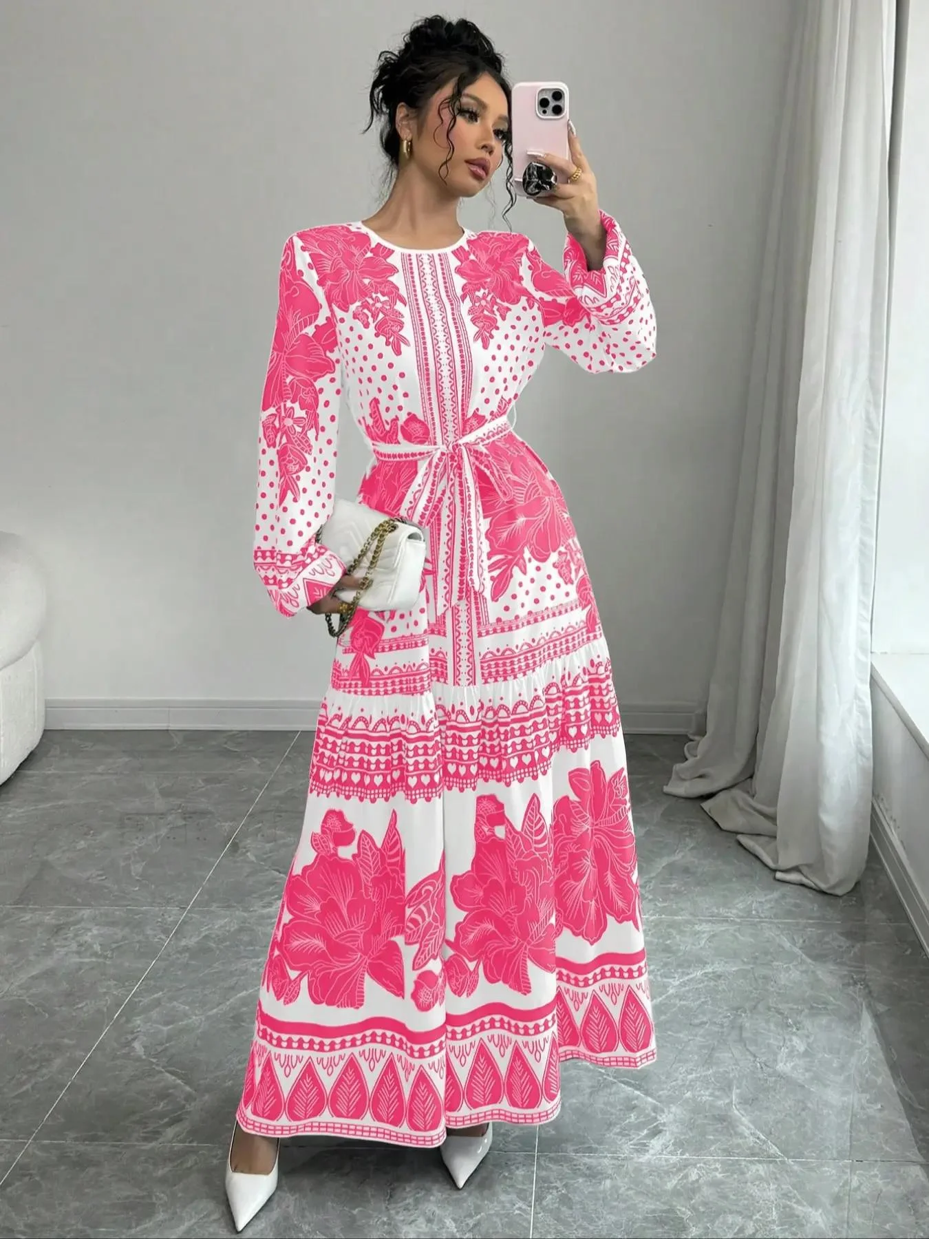 Women's Floral Print Belted Dress, Elegant Fashion Casual Long Sleeve Dress for Daily Outdoor Wear, Women Dress for Summer