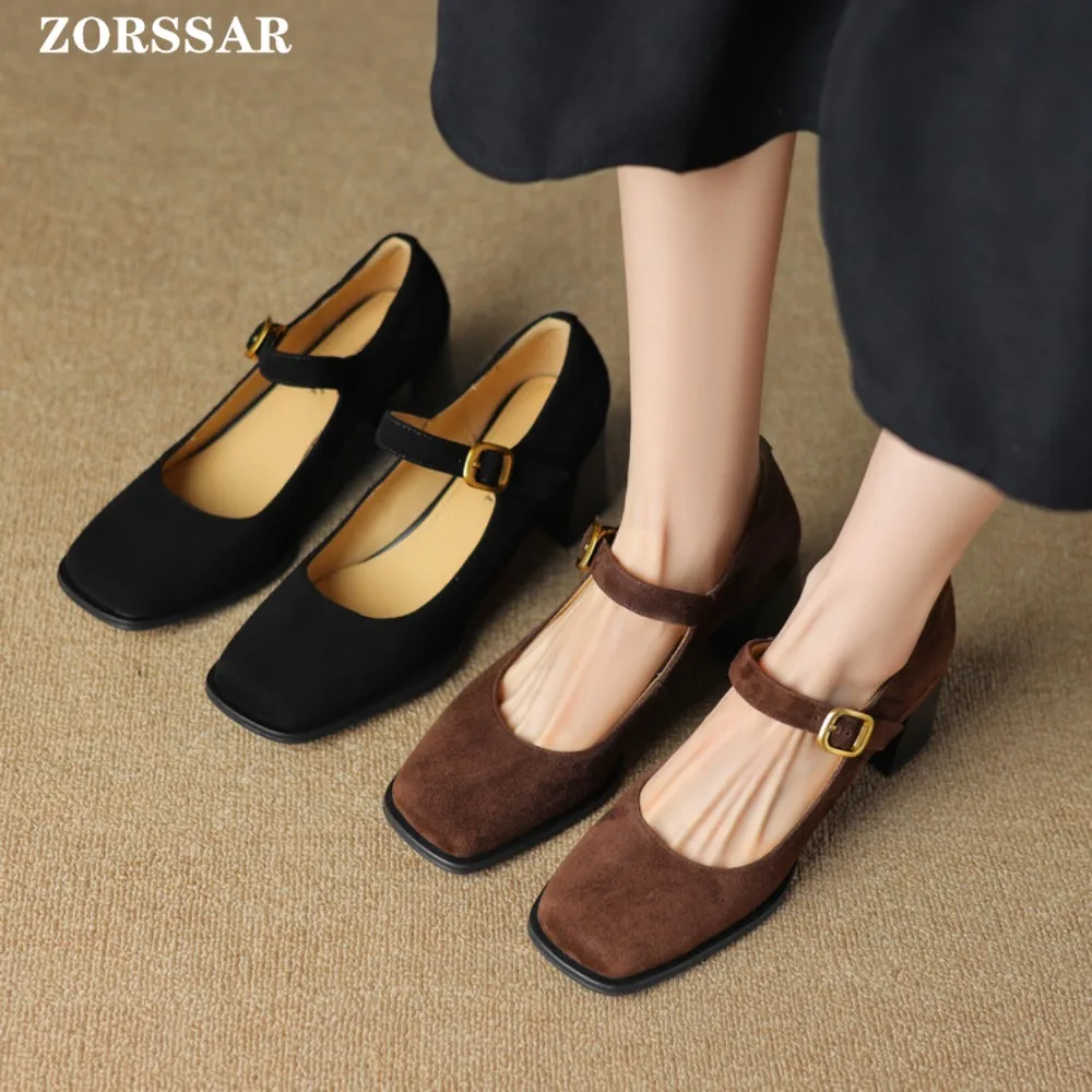 

2024 New Genuine Leather Mary Jane Shoes Women's Shoes Retro Buckle Shallow Heel Pumps Square Toe Shoes Woman Zapatos De Mujer