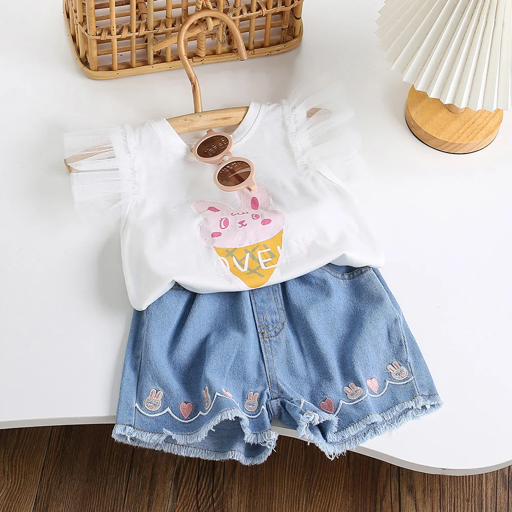 2024 summer Kids girls cartoon rabbit Bunny Cute T-shirt +  denim shorts 2pcs clothing sets Clothes suits  baby girls