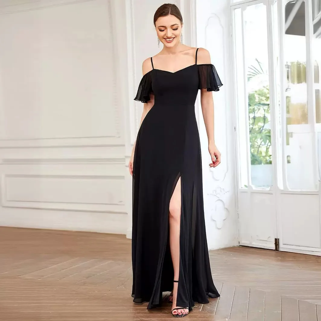

Elegant Short Sleeve Spaghetti Strapl Side Slit A-line Backless Prom Dress Evening Party Dress Formal Gowns Wedding Guest Dress